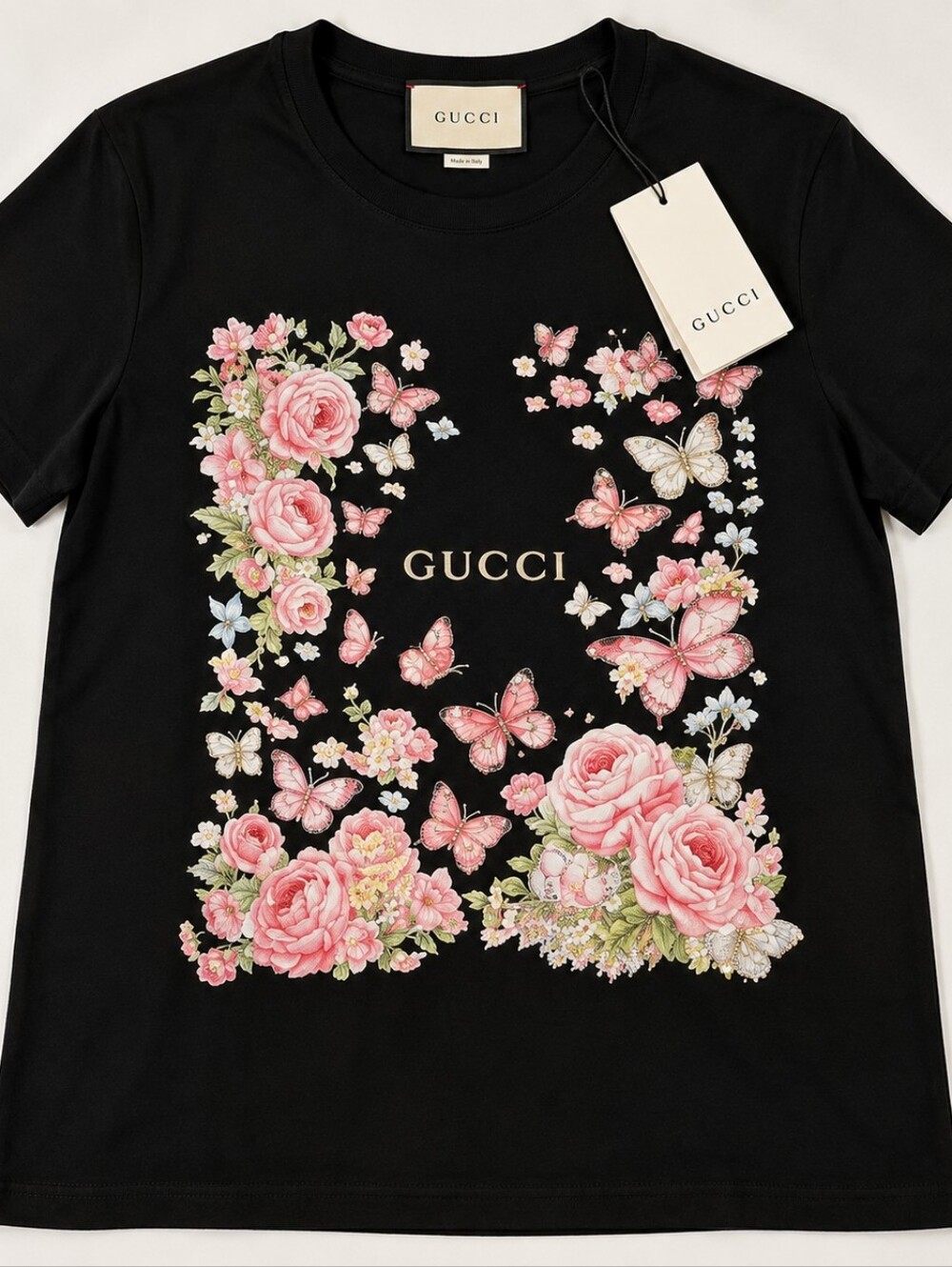 Gucci Black Floral Butterfly Embellished T-Shirt Size S